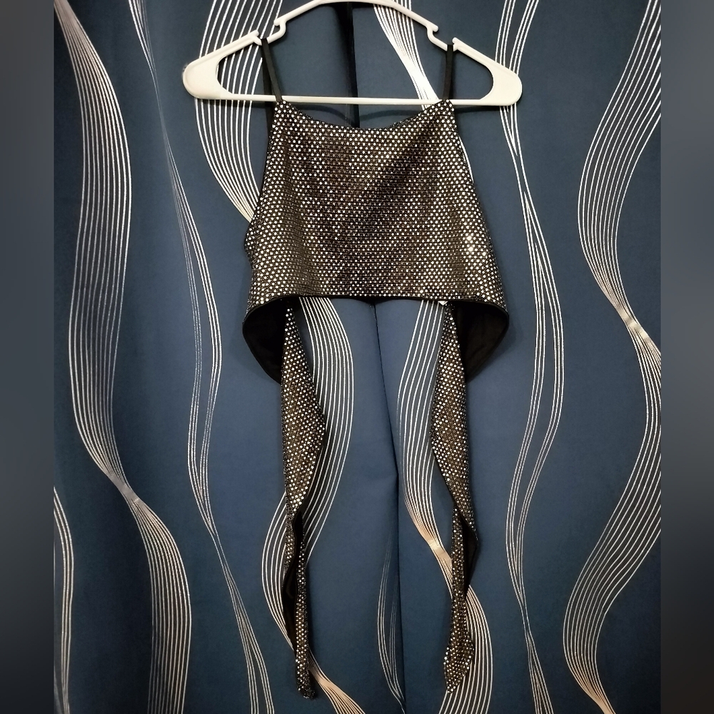 Metallic Crop Cami Top (Size S:Small, Tie-Back, Bow, Straps, Silver, Privé)